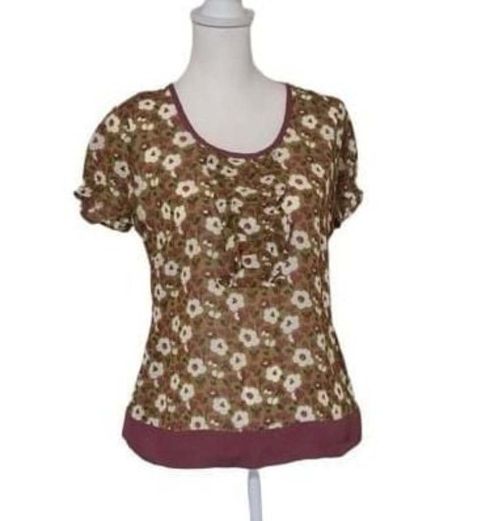Boden Floral Sheer Ruffle Front Top Olive Green Rose Size 10 Made in Turkey